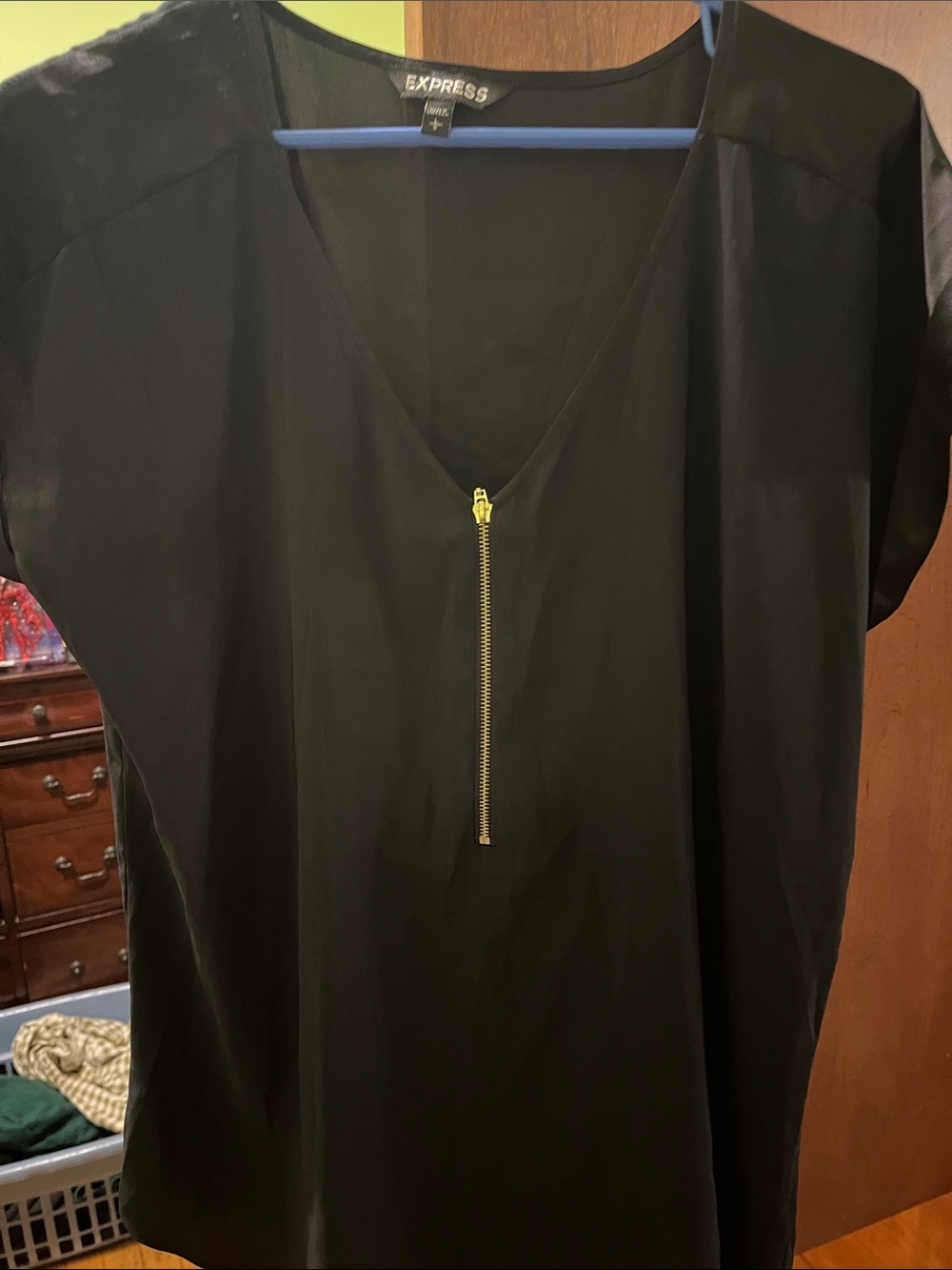Express Black V-Neck Blouse with Gold Front Zip